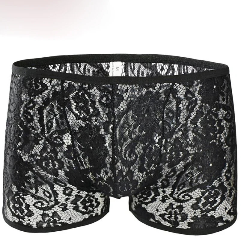 Lace Style Mens Transparent Lingerie black white Boxer breathable underwear