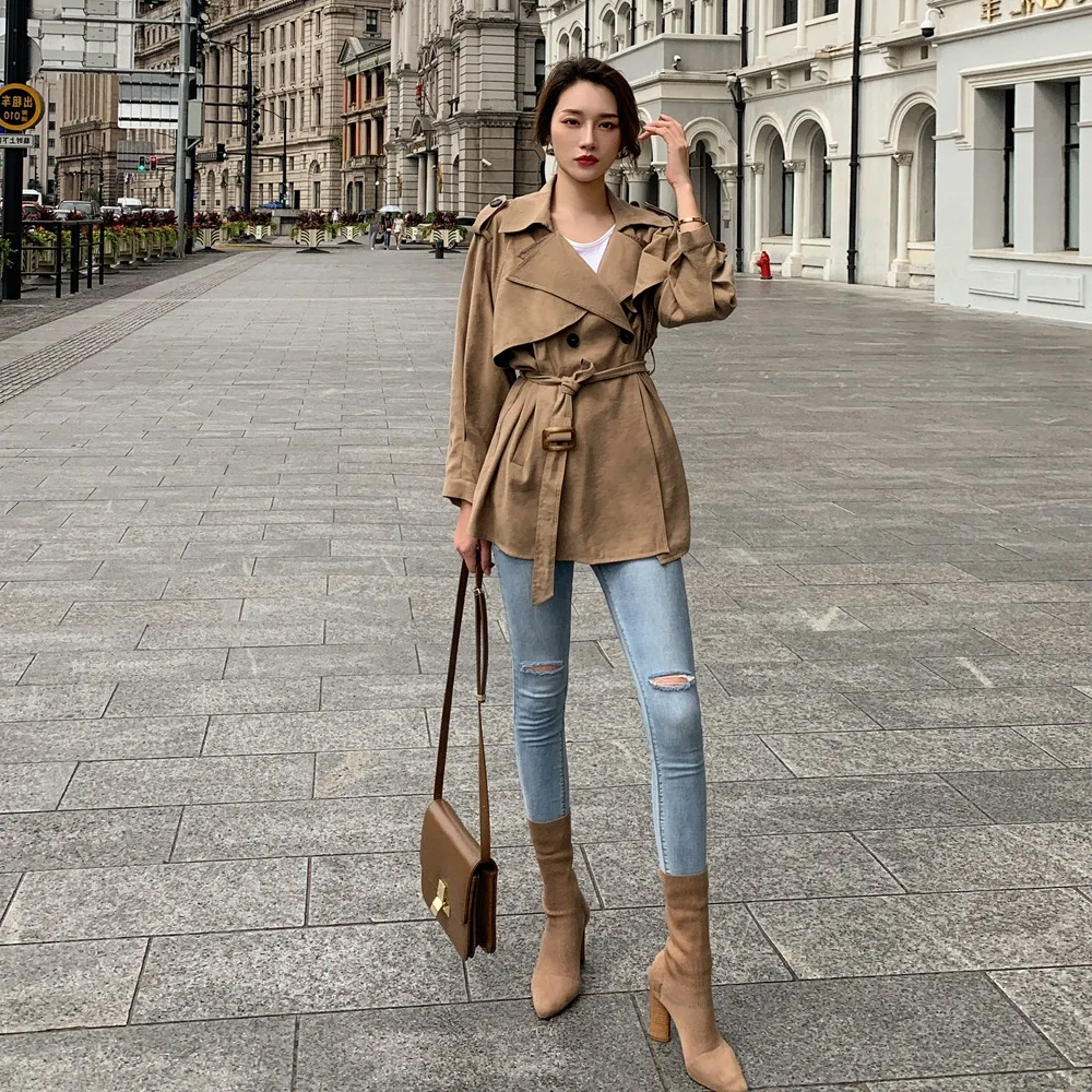 

Fashionable Korean-style CHIC Short Coat 2019 Autumn New Style WOMEN'S Dress French Retro Large Lapel Waist Hugging Trench Coat