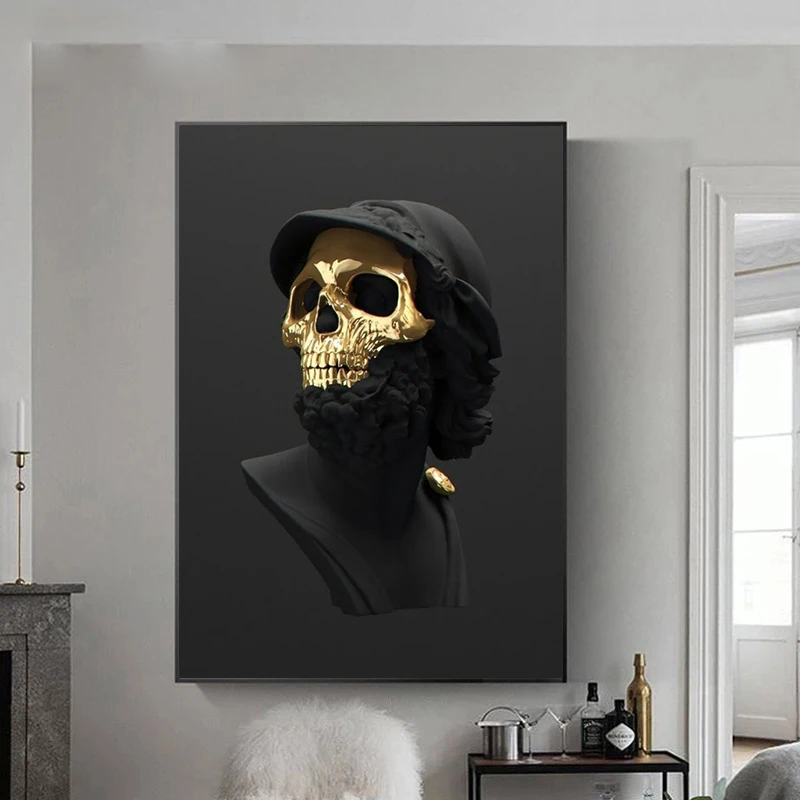 

Abstract Decor Black And Golden Skull Sculpture Art Painting Posters And Prints Dark Statue Canvas Wall Picture For Living Room