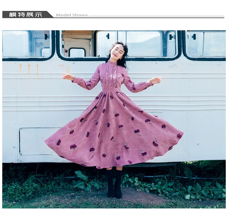 Япония Мори девушка осень весна женское Макси длинное платье стоячий воротник Цветочная вышивка Vestidos Longo элегантное вельветовое винтажное платье