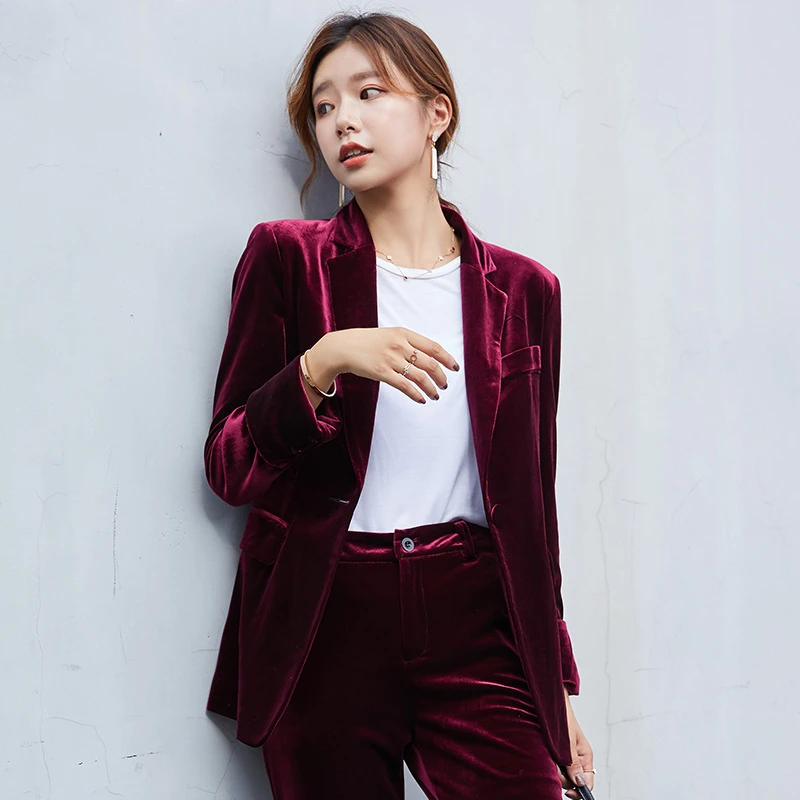 ladies red velvet trouser suit