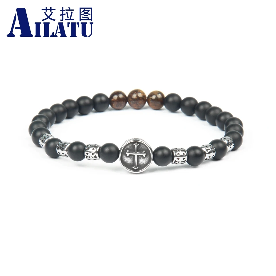 

Ailatu New Stainless Steel Round Cross Bracelets with 6mm Natural Matte Onyx Stone Beads Top Quality New Men's Jewelry