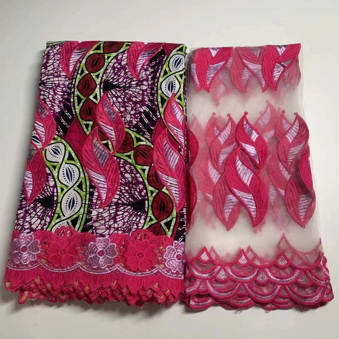 2021 African Fashion Wax Print Fabrics 6Y+2Yards Net Tulle Lace Scarfs Fabric Java Ankara Materials Sewing For Dress Wear | Дом и сад