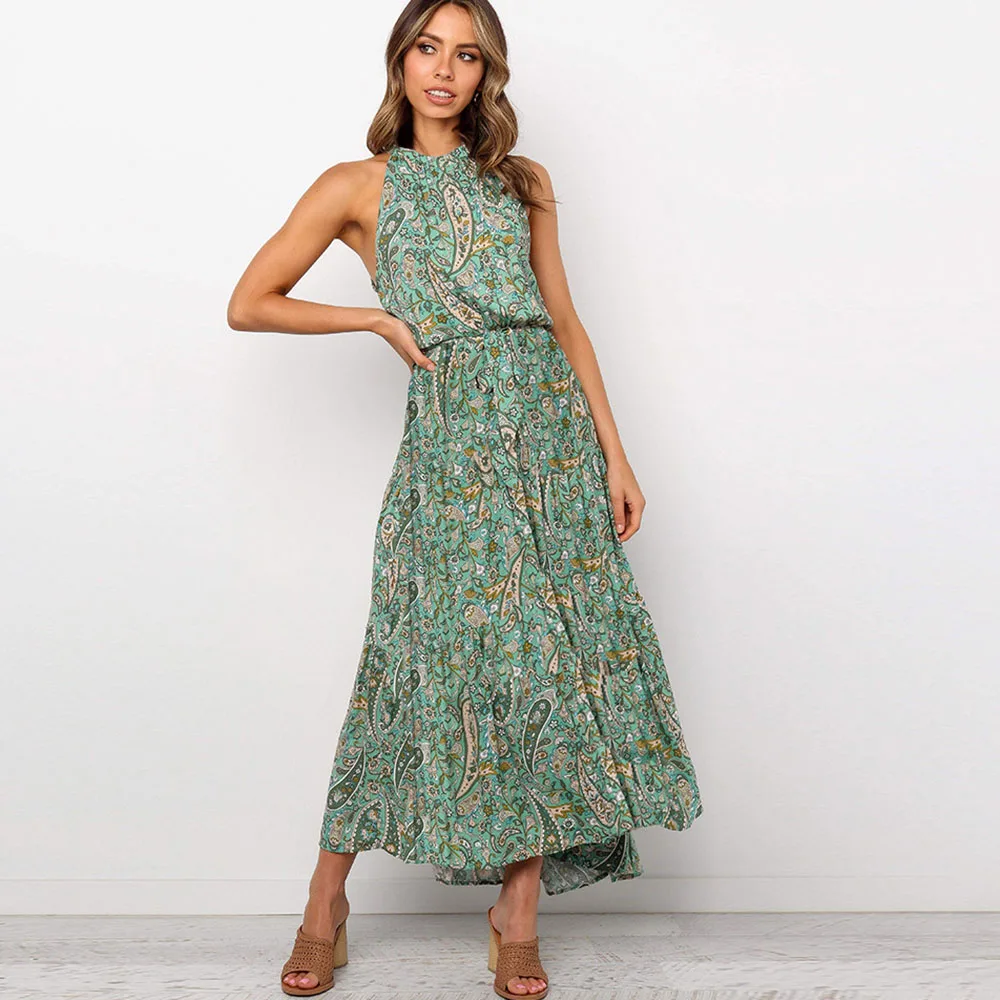 

Boho 2020 Summer Women Floral Maxi Long Dresses Elegant Sleeveless A-Line Ankle-Length Vintage Bohemian Sundress Beachwears