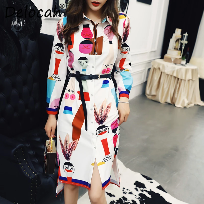 

Delocah Runway Fashion Autumn Midi Dress Women's Long Sleeve Printed Split Button Sashes Elegant Casual Ladies Shirt Dresses
