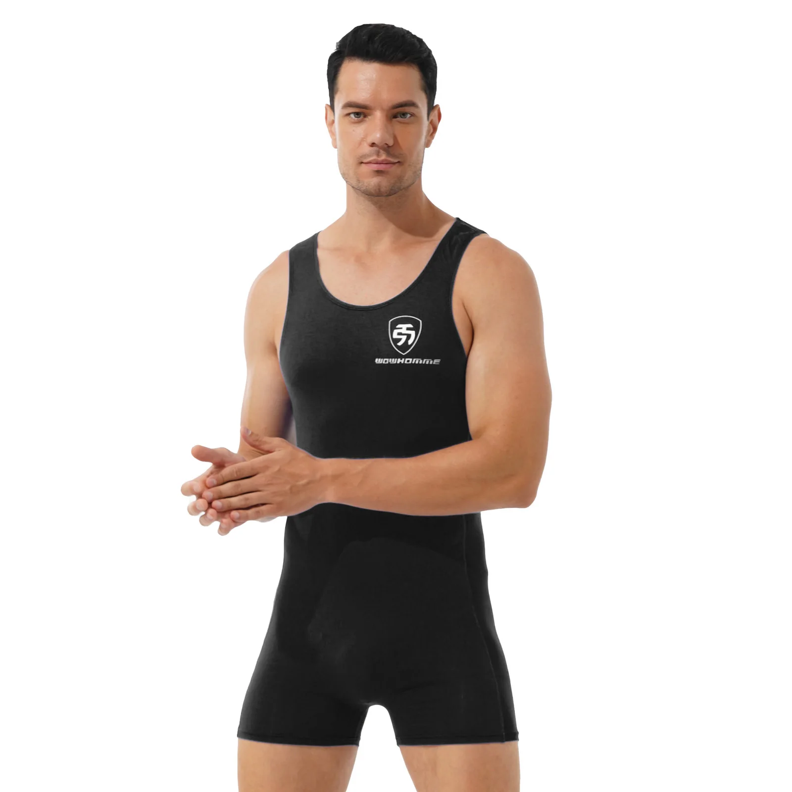 

Men Letter Print Homewear Round Neck Sleeveless Workout Sport Bodysuit Athletic Wrestling Boxers Jumpsuit Leotard Nightwear