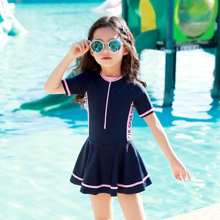 Traje de baño de manga larga para niñas de 1 a 8 años, traje de baño de moda diseño de y Peplum, ropa de baño informal de manga _ -