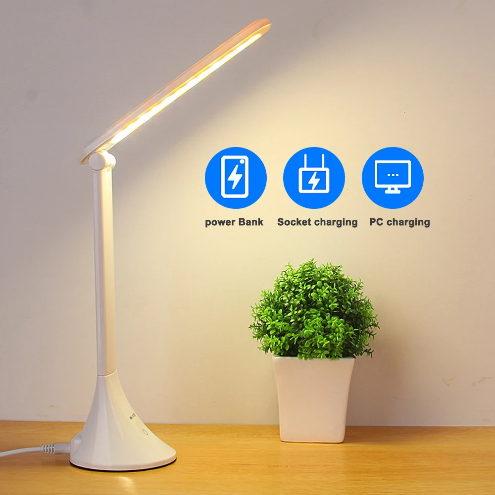 LED Desk Lamp Foldable Touching 3-Level Dimmable with Digital Calendar Temperature Alarm Clock Reading Table Lamps