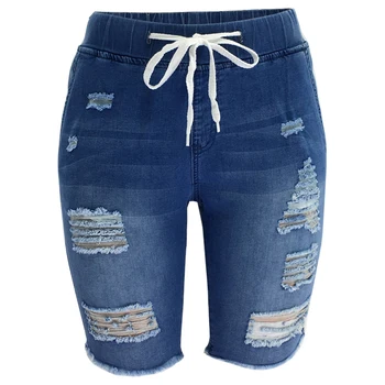 

Summer Denim Ripped Bermuda Shorts Women Blue Drawstring Closure Distressed Knee Length Stretch Short Jeans