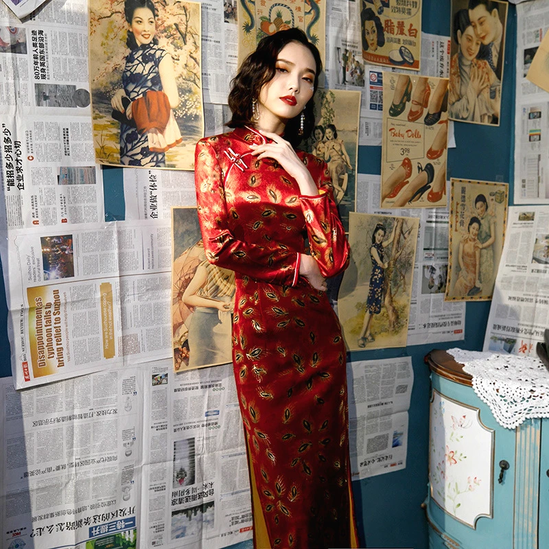 SHENG COCO Chinese китайские платья с длинными рукавами Cheongsam Qipao велюровое позолоченное платье в китайском стиле в стиле ретро женское платье с хвостом павлина Chipao