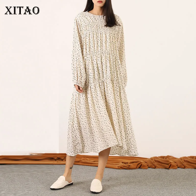 

XITAO Fashion Dot Print Chiffon Dresses 2020 New Plus Size Loose Women Clothes Lantern Sleeve Floral Dress Women Spring GCC3221