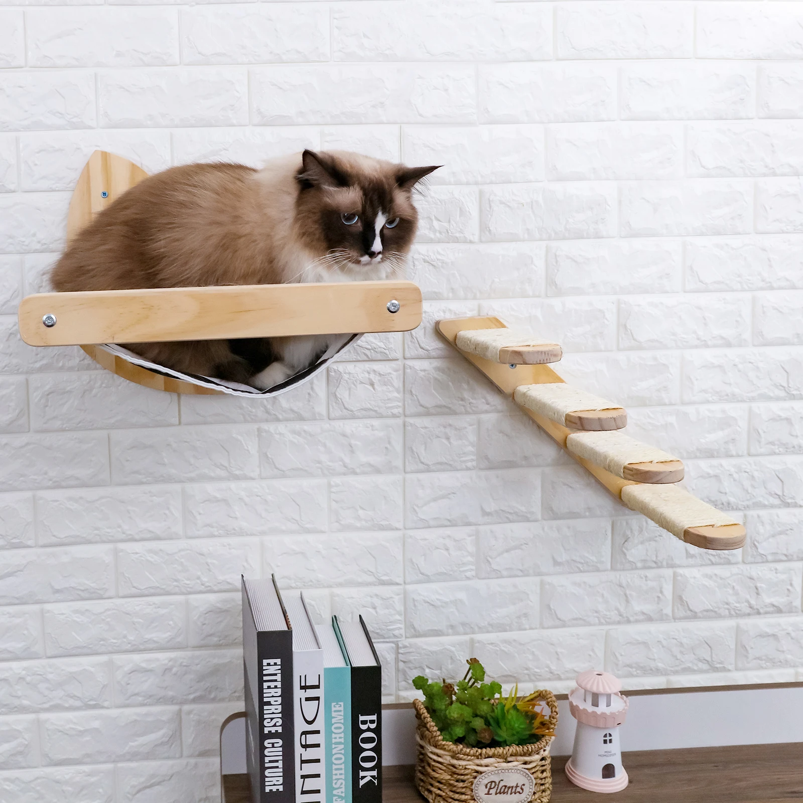 

Pet Furniture Cat Hammock Cats Shelf Wall Shelf Set Hanging Bed Wooden Stairs Pet Hammock Washable Easy To Install
