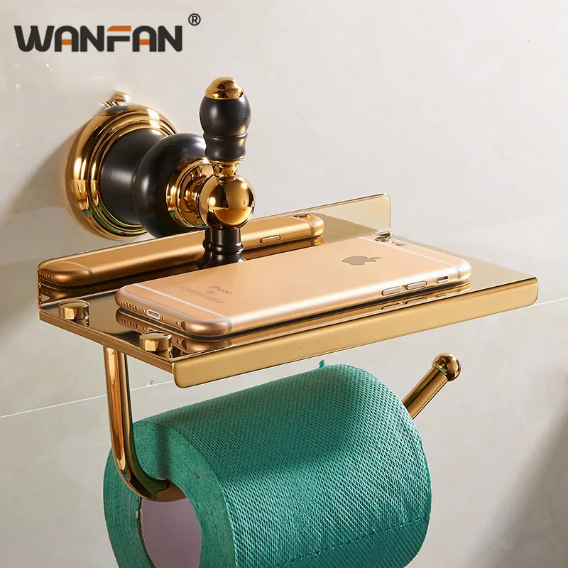 

Antique Brass Toilet Roll Paper Holder With Shelf For Phone Multifunctional Golden Hand Towel Hook Toilet Paper Holder XL-66807