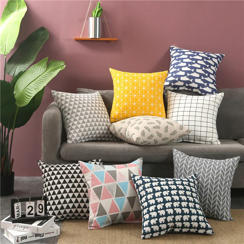

Geometric Style Linen Pillow Lattice Triangle Tree High Flexibility Full Cushion Core Polyester Filled Cotton with Pillowcase