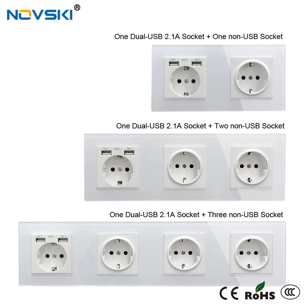 Dual USB 2.1A Hybrid Plug Wall Crystal Glass Panel Power Socket Grounded 16A Quadruple Electrical Socket White, 5 Years Warranty