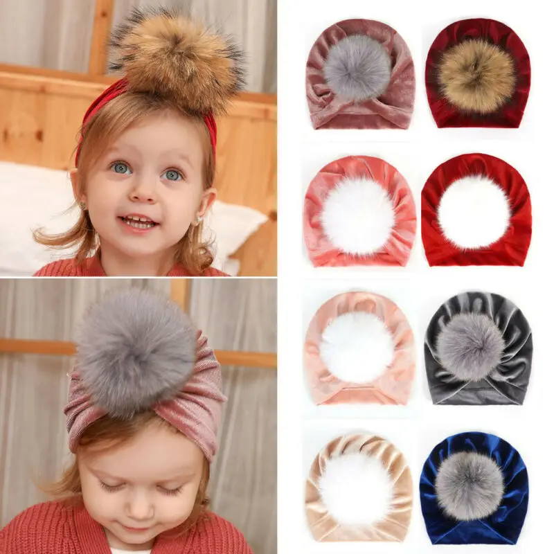 Autumn Winter Hat Baby Girl Toddler Faux Fur Pom Pom Beanie Turban Green Velvet Hat Fashion 1-2yrs