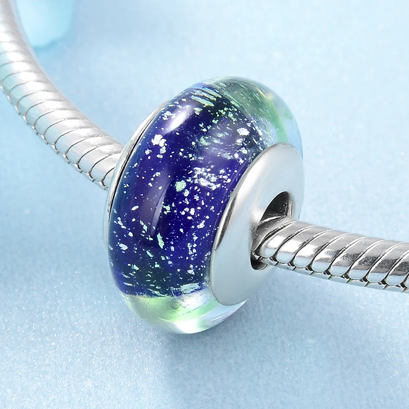 Fit Pandora очаровательные серебряные 925 оригинальные бусины для браслетов 925 пробы серебряные Сияющие синие зеленые муранские стеклянные бусины женские ювелирные изделия