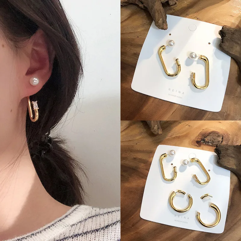 

New Simple Design Personalized Earrings Gold Color Crystal Zircon Earrings Metals Baroque Pearls Hoop Earrings For Women