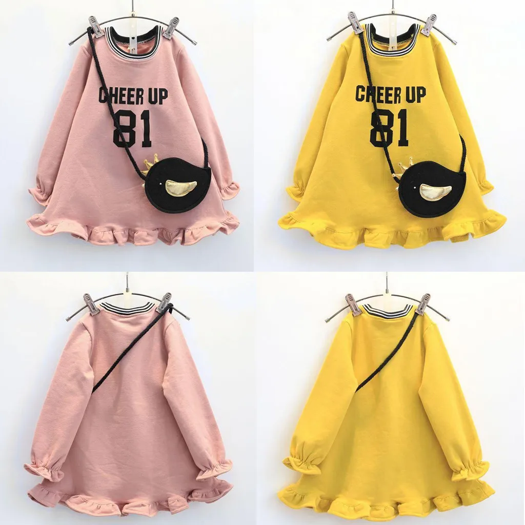 Платье для маленьких девочек Повседневное платье принцессы с буквенным принтом для маленьких девочек комплект одежды с сумочкой платье для малышей 1210