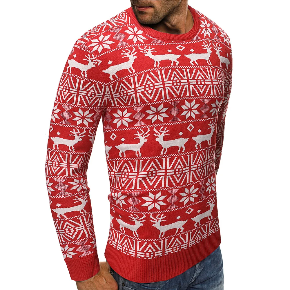 Men s Sweaters Ping an Deer Printed Sweaters Round Necked Slim Fit Sweaters Sweaters Tops Red 2
