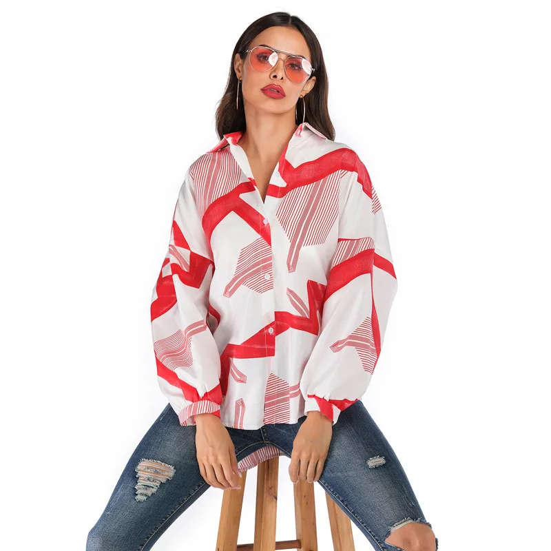 

2020 Autumn and Winter Shirt Women's New V-neck Geometric Print Loose Fashion Casual Style Women Shirts