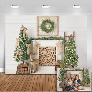 

Photography backdrop Christmas fireplace Background for photo studio Christmas tree photo booth sock photocall christmas party