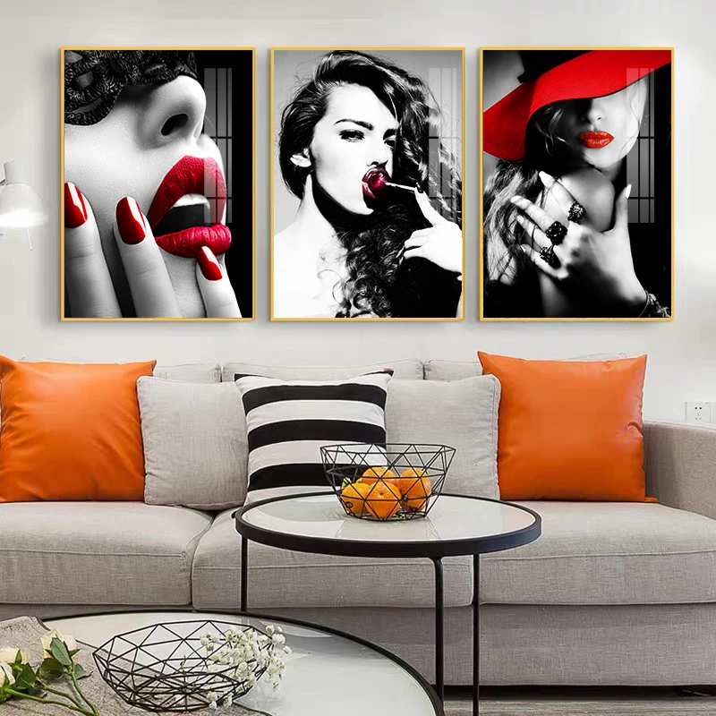 Pittura Su Tela Poster Stampe Moda Moderna Donna Labbra Rosse Nail Wall Art Sexy Lady Masked Nordic Wall Pictures For Home Decor
