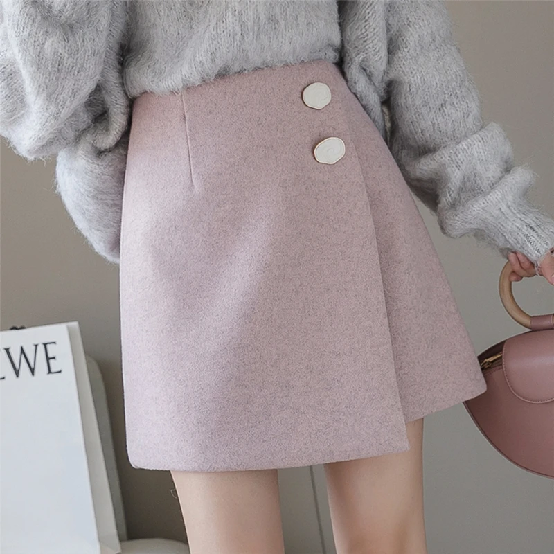 

Winter Thicken Woolen Fashion Mini Skirts A-line Asymmetric Aesthetic High Waist School Basic Female Skirts