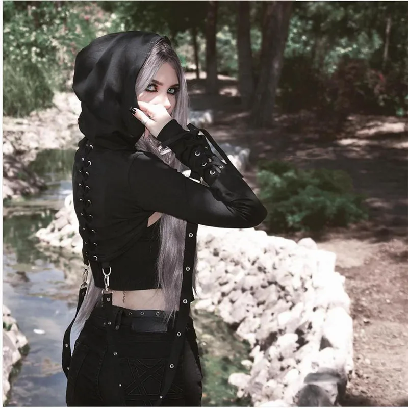 InsDoit Punk Autumn Hoodies Women Gothic Clothes Bandage Streetwear Harajuku Hooded Vintage Long Sleeve Fashion Sexy Crop Top