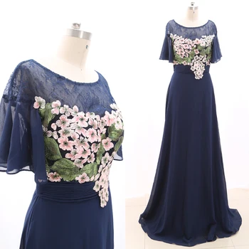 

MACloth Dark Navy A-Line O Neck Floor-Length Long Embroidery Chiffon Prom Dresses Dress M 268813 Clearance