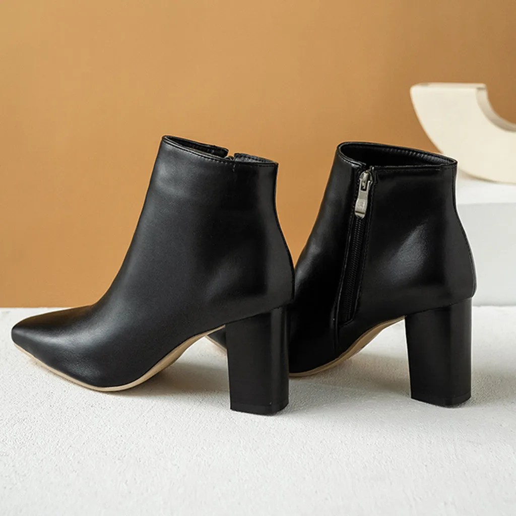 Белые кожаные ботинки; модная Классическая однотонная обувь; женские ботинки на молнии с квадратным носком; винтажные женские ботинки на не сужающемся книзу массивном каблуке; botas mujer