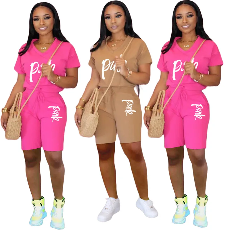 

Casual Pink Letter Print Women Two Piece Set 2020 New Summer Rompers Sexy Striped T-Shirts And Skinny Pants 2pcs Outfits