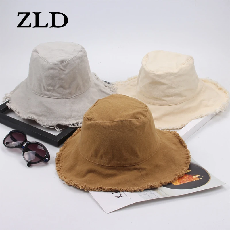 ZLD New Raw fisherman hat female summer big along simple casual basin folding soft top men and women sun bucket beanies | Аксессуары для