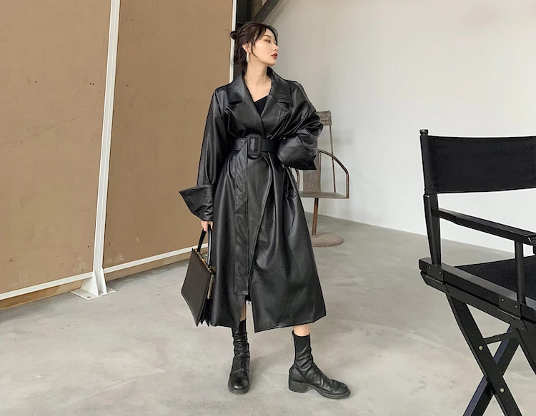 XITAO повседневное длинное пальто из искусственной кожи с поясом для женщин Зимняя мода отложной воротник красивый длинный рукав черный XJ2633