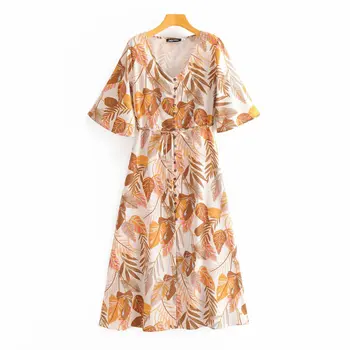 

2020 Spring Summer New European yellow Print zaraing women Dress vadiming sheining female dress vintage plus size S577