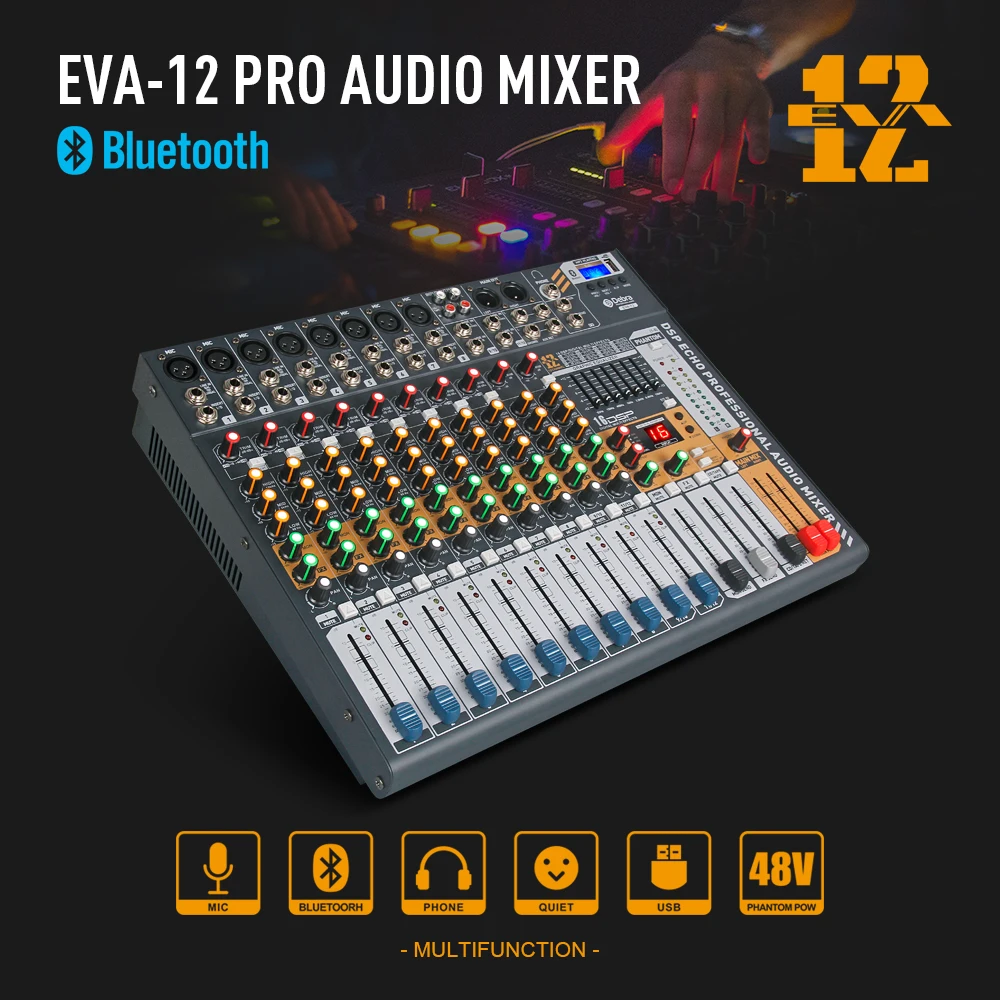 Дебра аудио чистый звук! Pro EVA-12 12 Каналы аудио dj микшер утешителя с 48В Мощность, включающим в себя гарнитуру блютус и флеш-накопитель USB для Запись этап