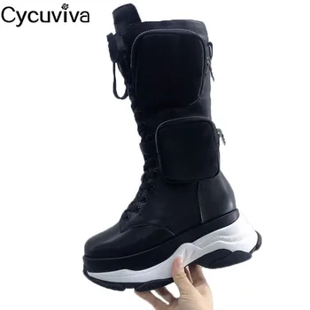 

High Quality Leather Mid-Calf Boots Women Designer Pocket Platform Motorcycle Boots Thick Sole Flat Knight Boots Chelsea Boots