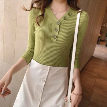 

Women Pullovers Sweater New 2019 Knitted Autumn Winter Solid Color Fashion Sexy Elegant Soft Buttons Casual Ladies Tops
