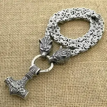 

Viking Necklace Stainless Steel Wolf Head King Chain Nordic Amulet Odin Thor's Hammer Pendant Necklace Viking Jewelry