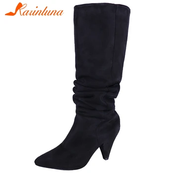 

KARINLUNA New Female 2020 Daily Concise Boots Flock Pointed Toe Spike High Heels Slip On Women Boots Knee High Women Shoes