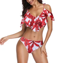 Женский сексуальный купальный костюм из двух частей, комплект бикини, летний пуш-ап купальник, женский купальник с оборками, цветочный принт, пляжный купальник