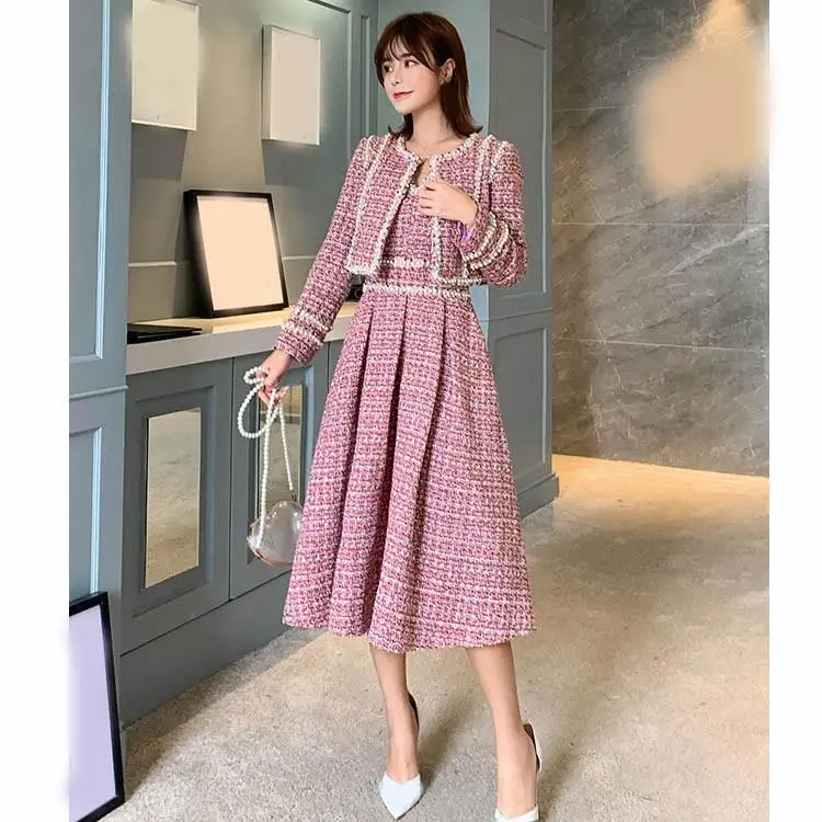 

2 Piece Set Fashion Women Beads Short Coat Pleated Tweed Skirt Set Elegant Lady Office Work Wear Wool Blends Set