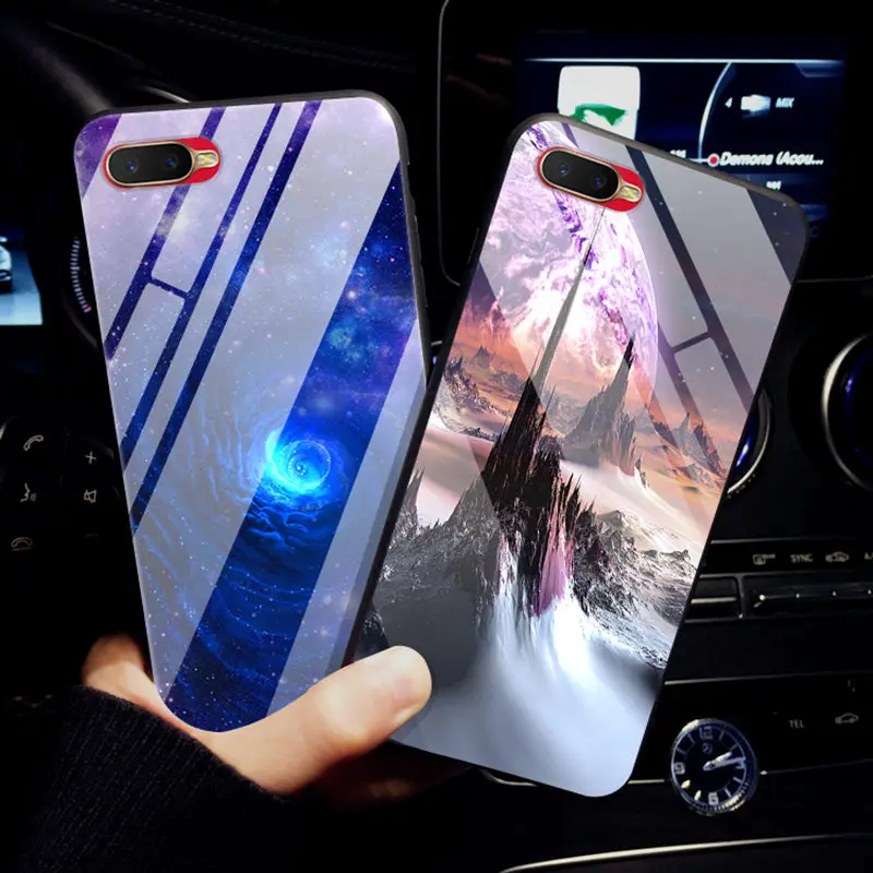 

Case For OPPO RX17 neo Shining Tempered Glass Back Cover Silicone Frame Coque For OPPO RX17neo K1 Phone Cases Star Space Skin