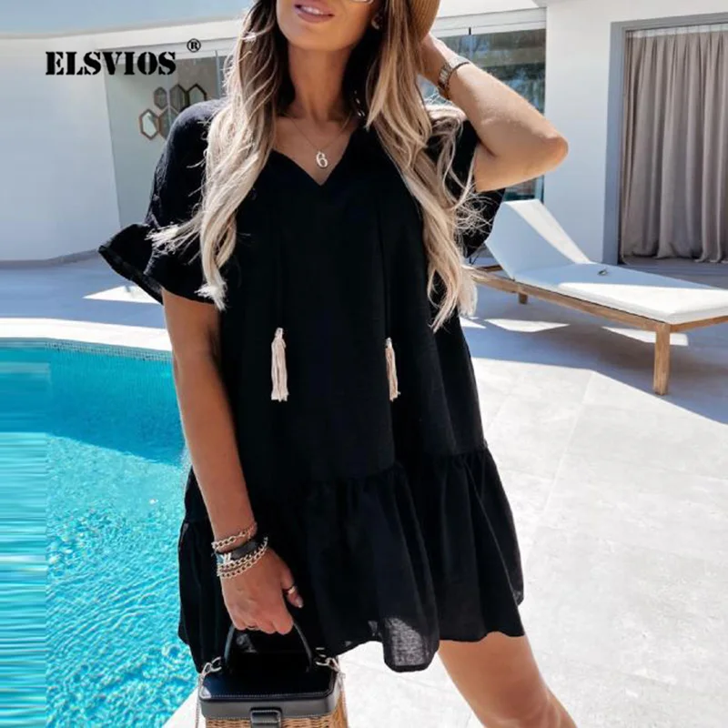 

New V-Neck Short Sleeve Dress Summer Women Loose Folds Draped Vestidos Office Lady Elegant Temperamental Pure Color A-Line Dress