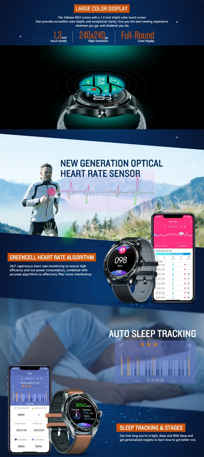 Zeblaze NEO умные часы, IP67 водонепроницаемый цветной сенсорный экран на весь день пульсометр кровяное давление женские часы для здоровья для Android iOS
