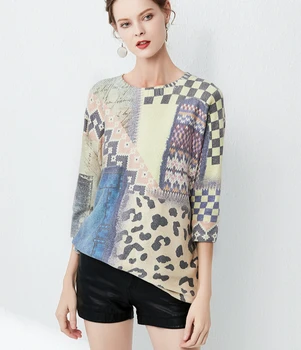 

Autumn Spring Plaid Leopard Sweaters Half Turtleneck Three Quarter Sleeve Knitted Pullover Tops Loose Outerwear Pull TA5308