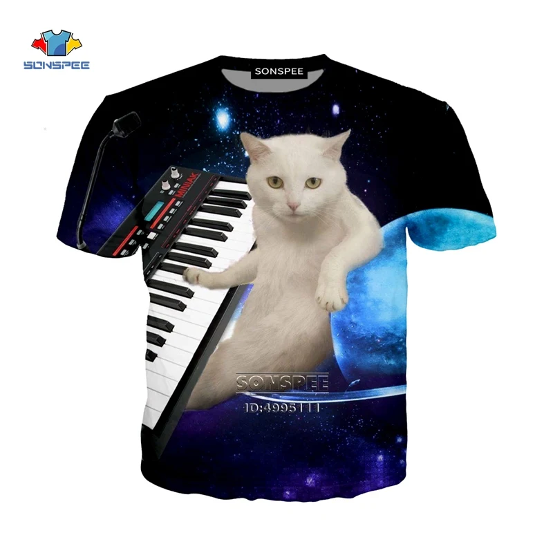 Космическая кошка, игра на фортепиано, пицца, музыка, 3D принт, мужские футболки, Женская Повседневная футболка, летняя футболка, пуловер, одежда, уличная одежда
