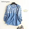 Embroidery Denim Blouse Women Light Blue Soft Jeans Blouses Hem O Neck Three Quarter Sleeve Ruffles Casual Shirt Sweet Top 1