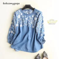 Embroidery Denim Blouse Women Light Blue Soft Jeans Blouses Hem O Neck Three Quarter Sleeve Ruffles Casual Shirt Sweet Top 1
