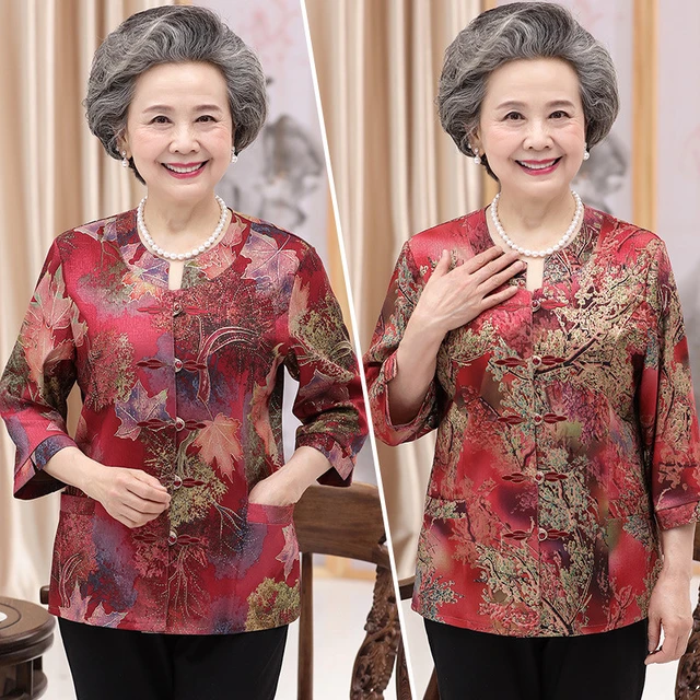 Middle-aged Elderly Female Blouse Spring Summer Long Shirt Womans Mother  Ladies Coat Seven Sleeves Collared Shirt Tops - Women Shirt - AliExpress